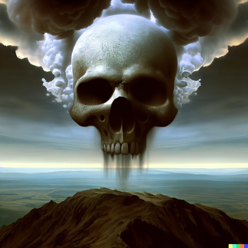 DALL·E 2023-06-26 12.32.28 – earth with skull clouds rising over a mountain horizon by Zdzisław Beksiński