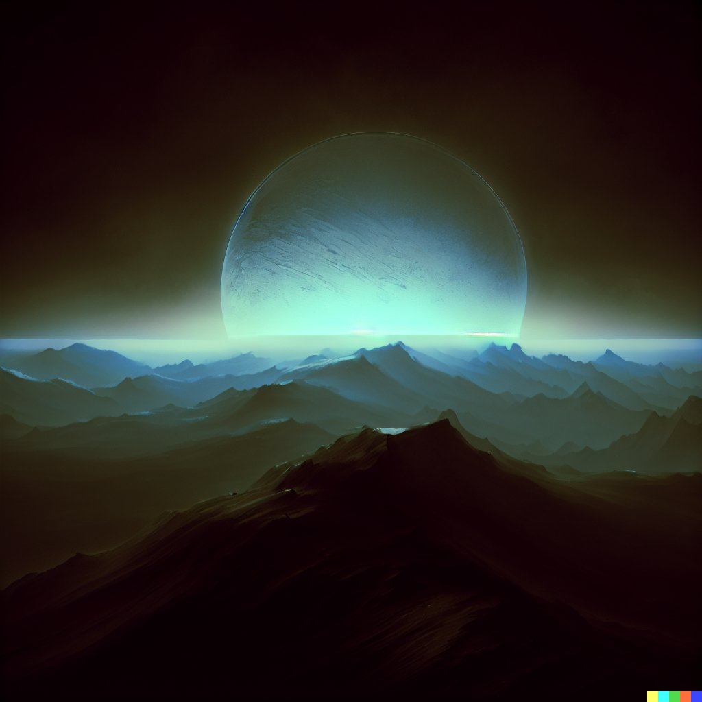 DALL·E 2023-06-26 12.32.42 – earth rising over a mountain horizon by Zdzisław Beksiński luminescent gloom