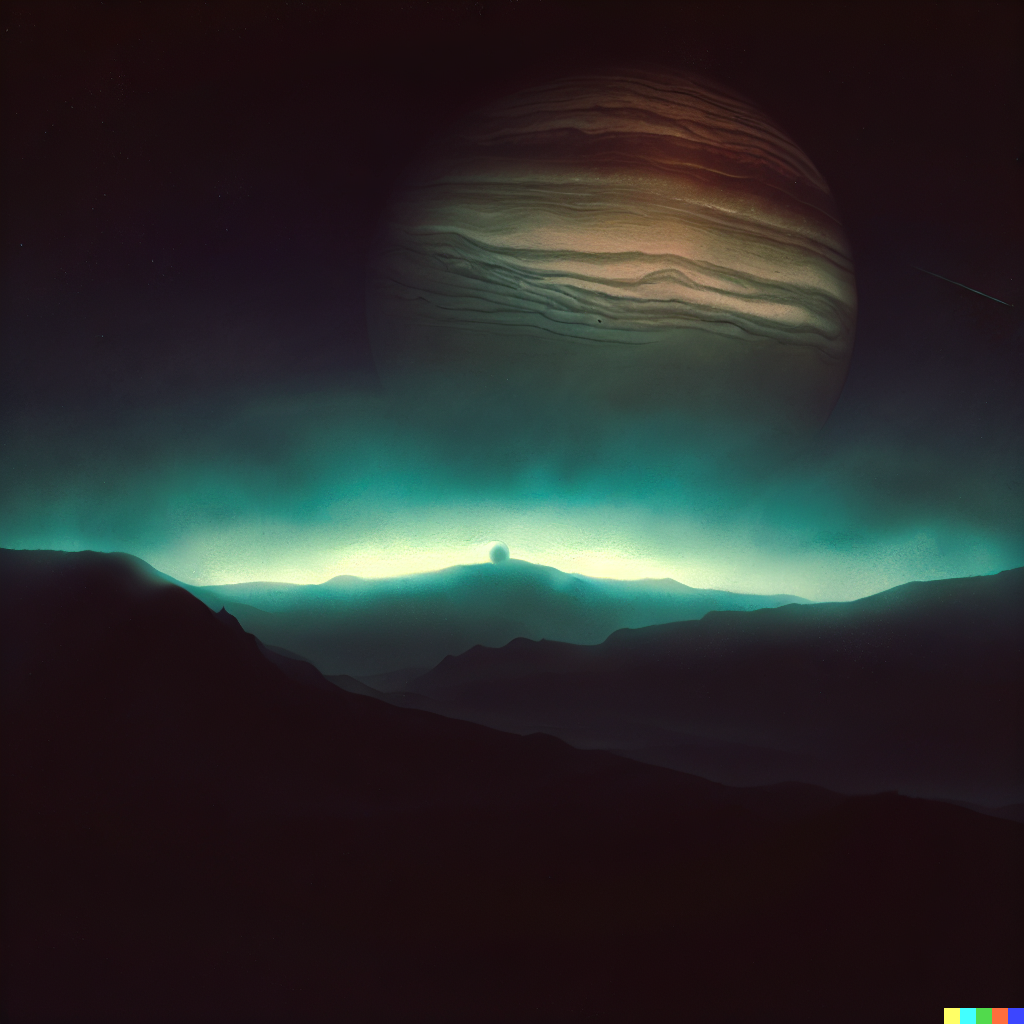 DALL·E 2023-06-26 12.32.53 – jupiter rising over a mountain horizon by Zdzisław Beksiński luminescent gloom