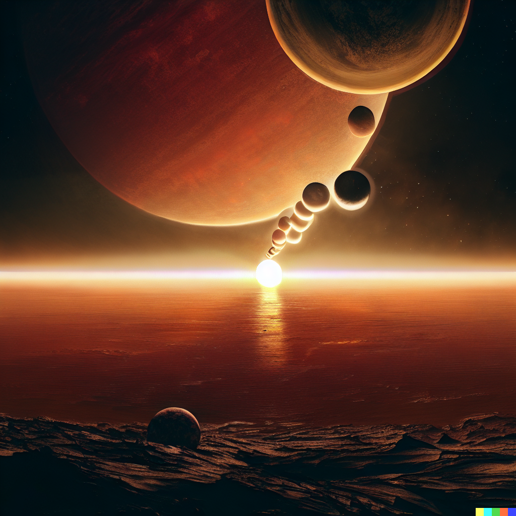 DALL·E 2023-06-26 12.34.05 – the entire solar system rising over the horizon Zdzisław Beksiński