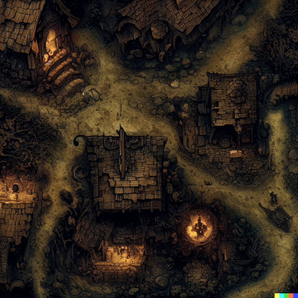 DALL·E 2023-06-26 12.34.42 – a top down really zoomed out dungeons and dragon combat map of a small village with magic shops by Zdzisław Beksiński gustave dore