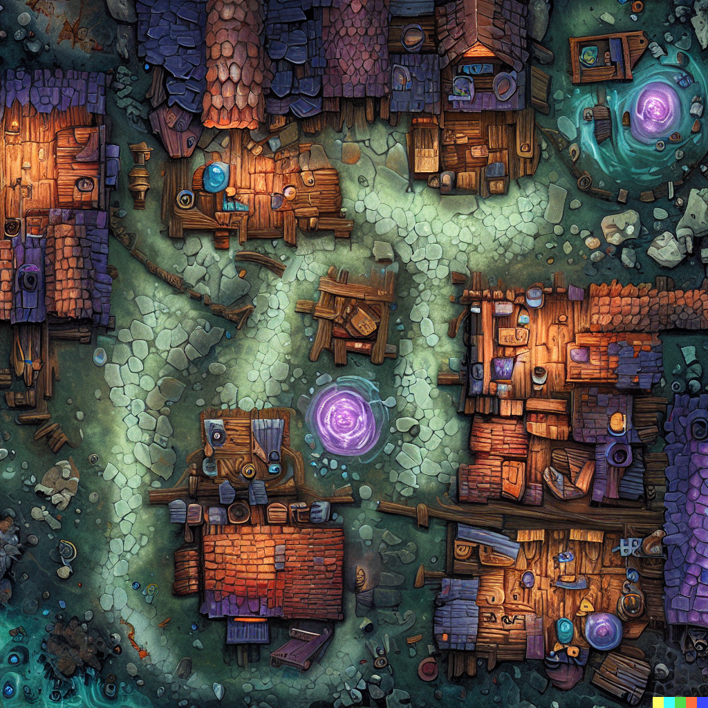 DALL·E 2023-06-26 12.34.45 – a top down really zoomed out dungeons and dragon combat map of a small village with magic shops by Zdzisław Beksiński
