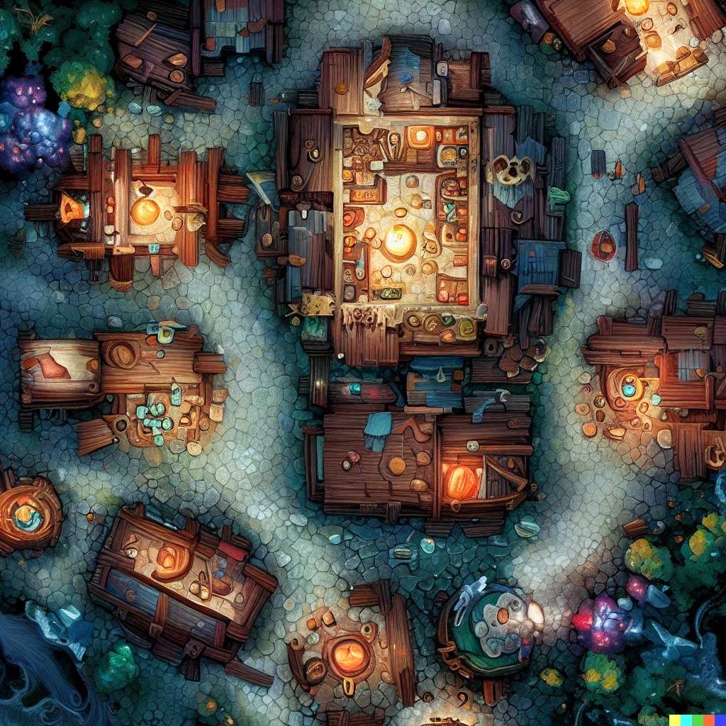 DALL·E 2023-06-26 12.34.55 – a top down really zoomed out dungeons and dragon combat map of a small village with a bunch of magic shops by Zdzisław Beksiński