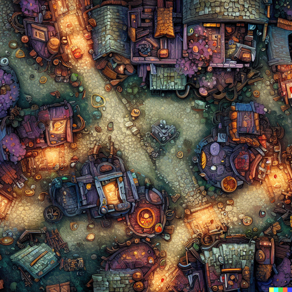 DALL·E 2023-06-26 12.34.58 – a top down really zoomed out dungeons and dragon combat map of a small village with a bunch of magic shops by Zdzisław Beksiński