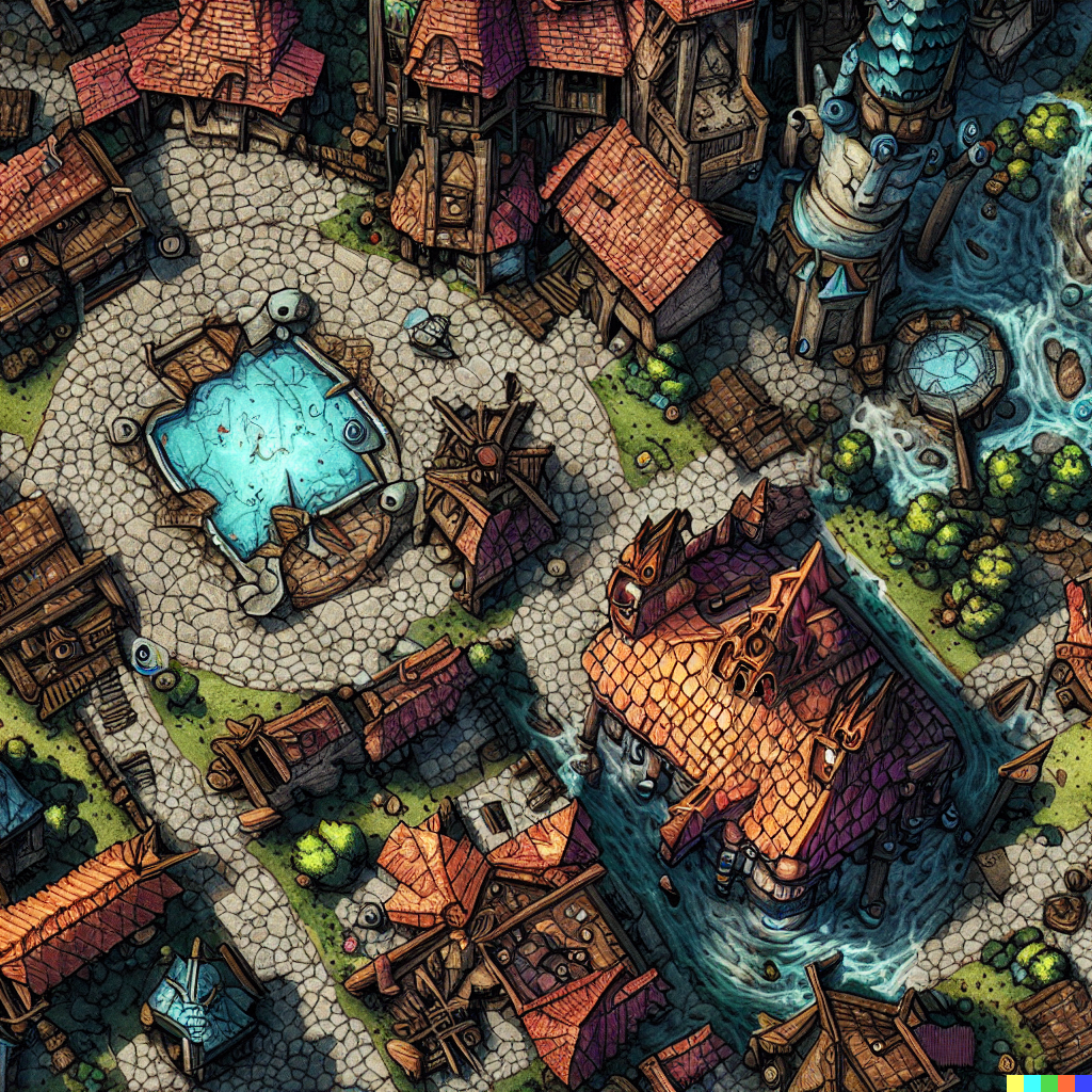 DALL·E 2023-06-26 12.35.07 – a top down really zoomed out dungeons and dragon combat map of a small village with a town church and a pool by Zdzisław Beksiński