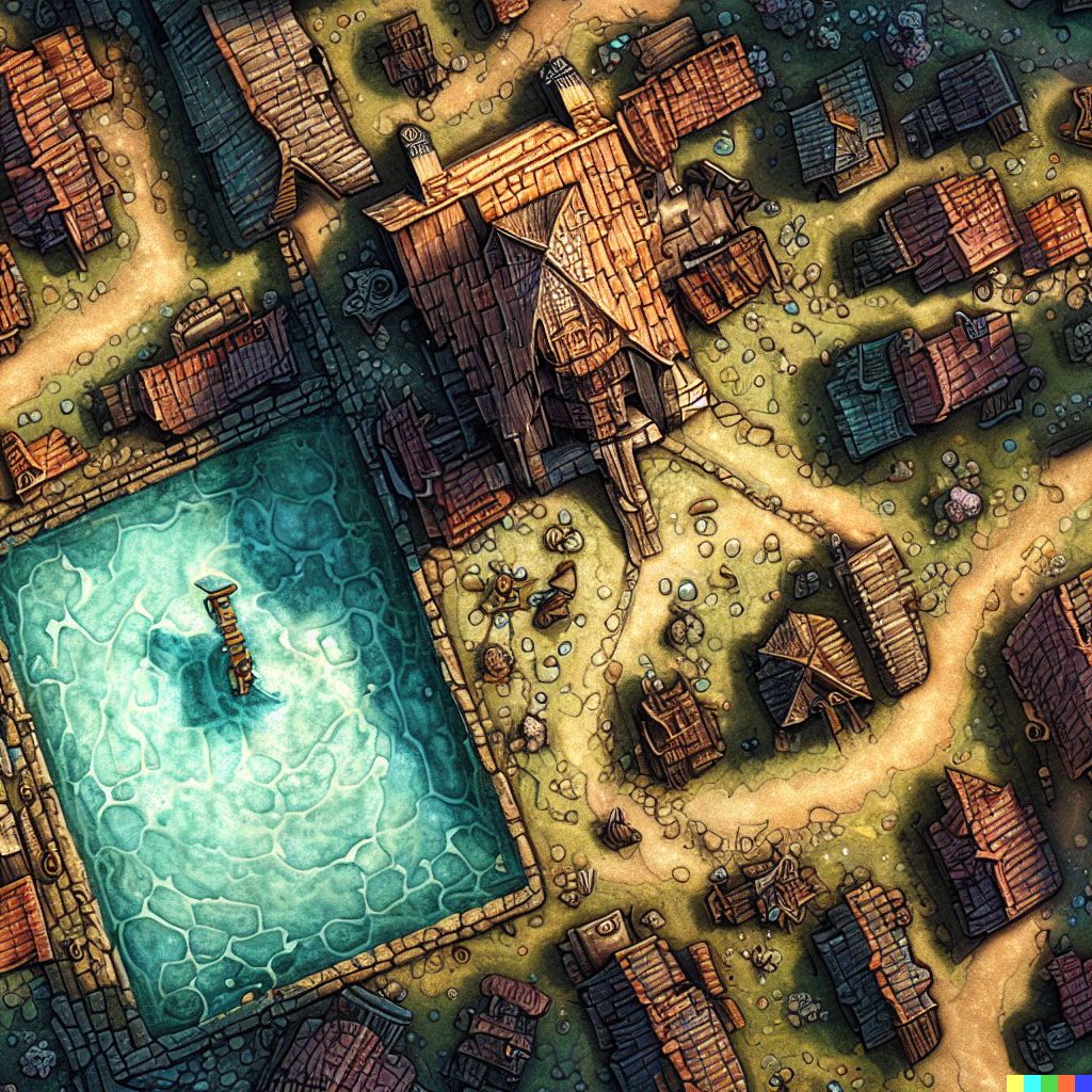 DALL·E 2023-06-26 12.35.11 – a top down really zoomed out dungeons and dragon combat map of a small village with a town church and a pool by Zdzisław Beksiński