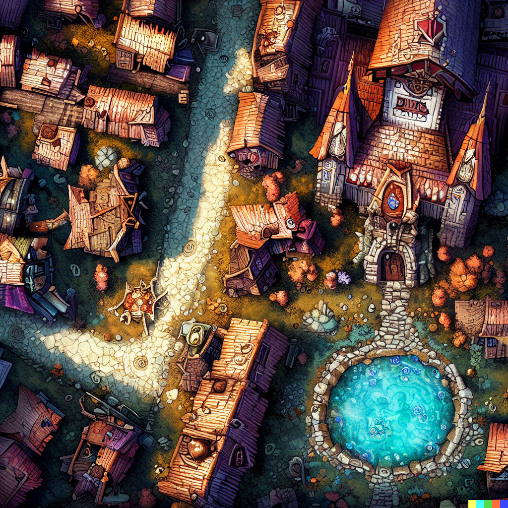 DALL·E 2023-06-26 12.35.17 – a top down really zoomed out dungeons and dragon combat map of a small village with a town church and a pool by Zdzisław Beksiński