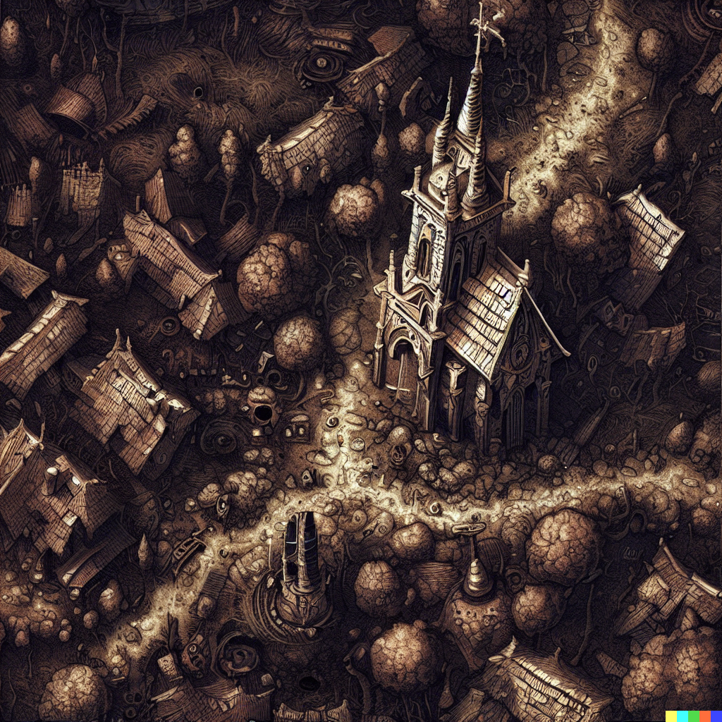 DALL·E 2023-06-26 12.35.27 – a top down really zoomed out dungeons and dragon combat map of a small village with a town church by Zdzisław Beksiński gustave dore
