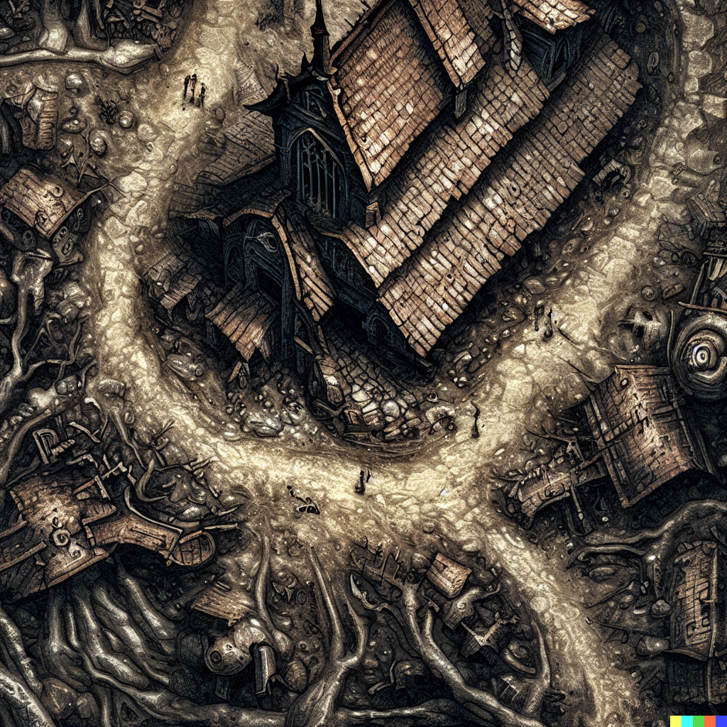 DALL·E 2023-06-26 12.35.30 – a top down really zoomed out dungeons and dragon combat map of a small village with a town church by Zdzisław Beksiński gustave dore
