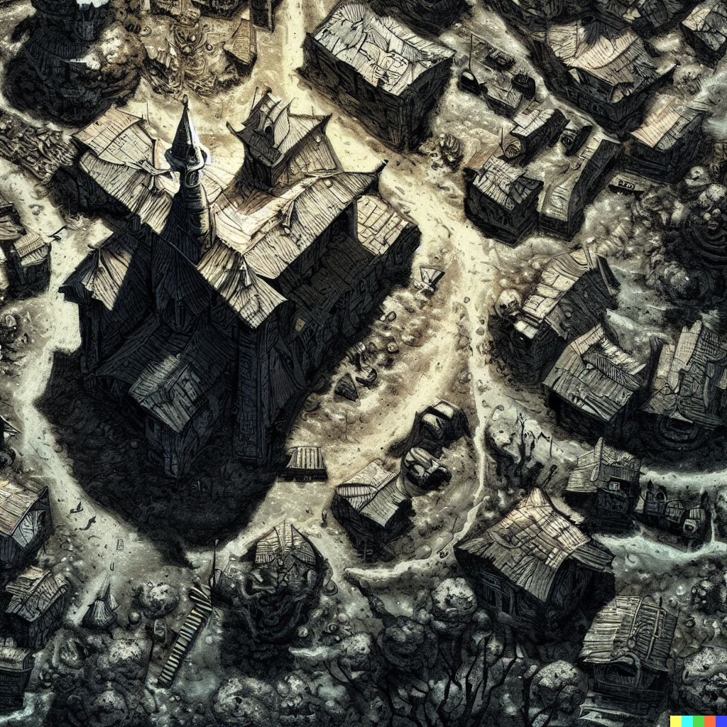 DALL·E 2023-06-26 12.35.34 – a top down zoomed out dungeons and dragon combat map of a small village with a town church by Zdzisław Beksiński gustave dore