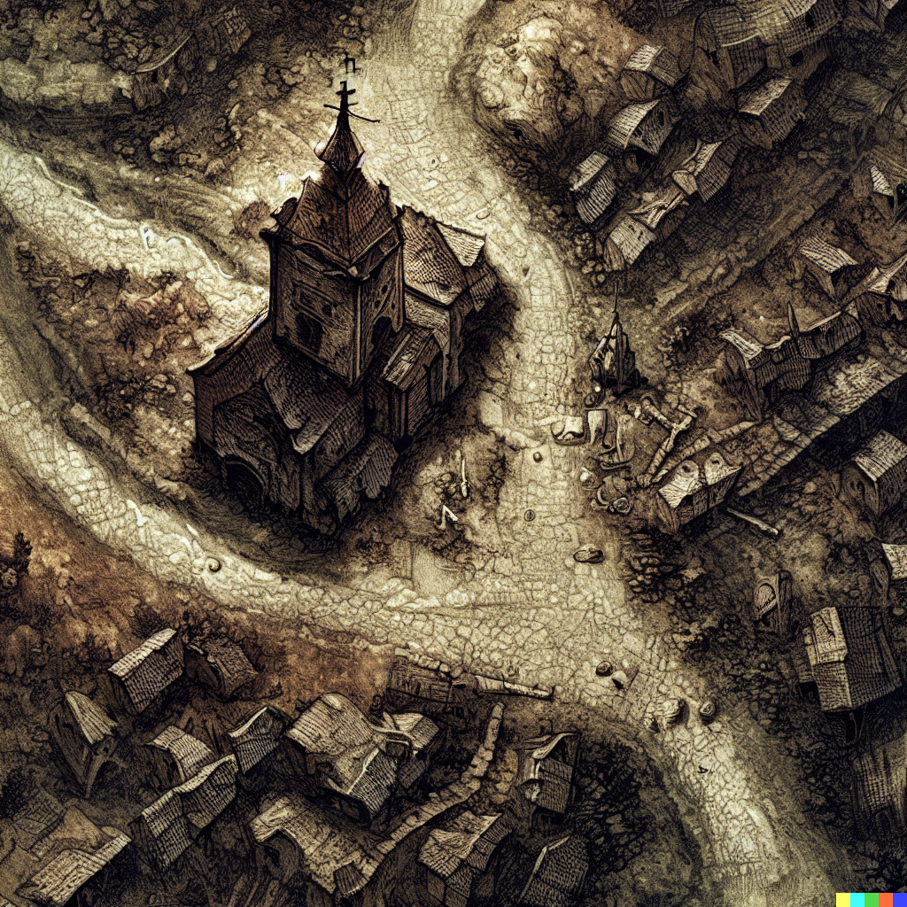 DALL·E 2023-06-26 12.35.37 – a top down zoomed out dungeons and dragon combat map of a small village with a town church by Zdzisław Beksiński gustave dore