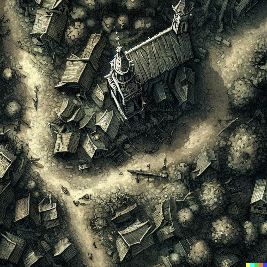 DALL·E 2023-06-26 12.35.42 – a top down dungeons and dragon combat map of a small village with a town church by Zdzisław Beksiński gustave dore