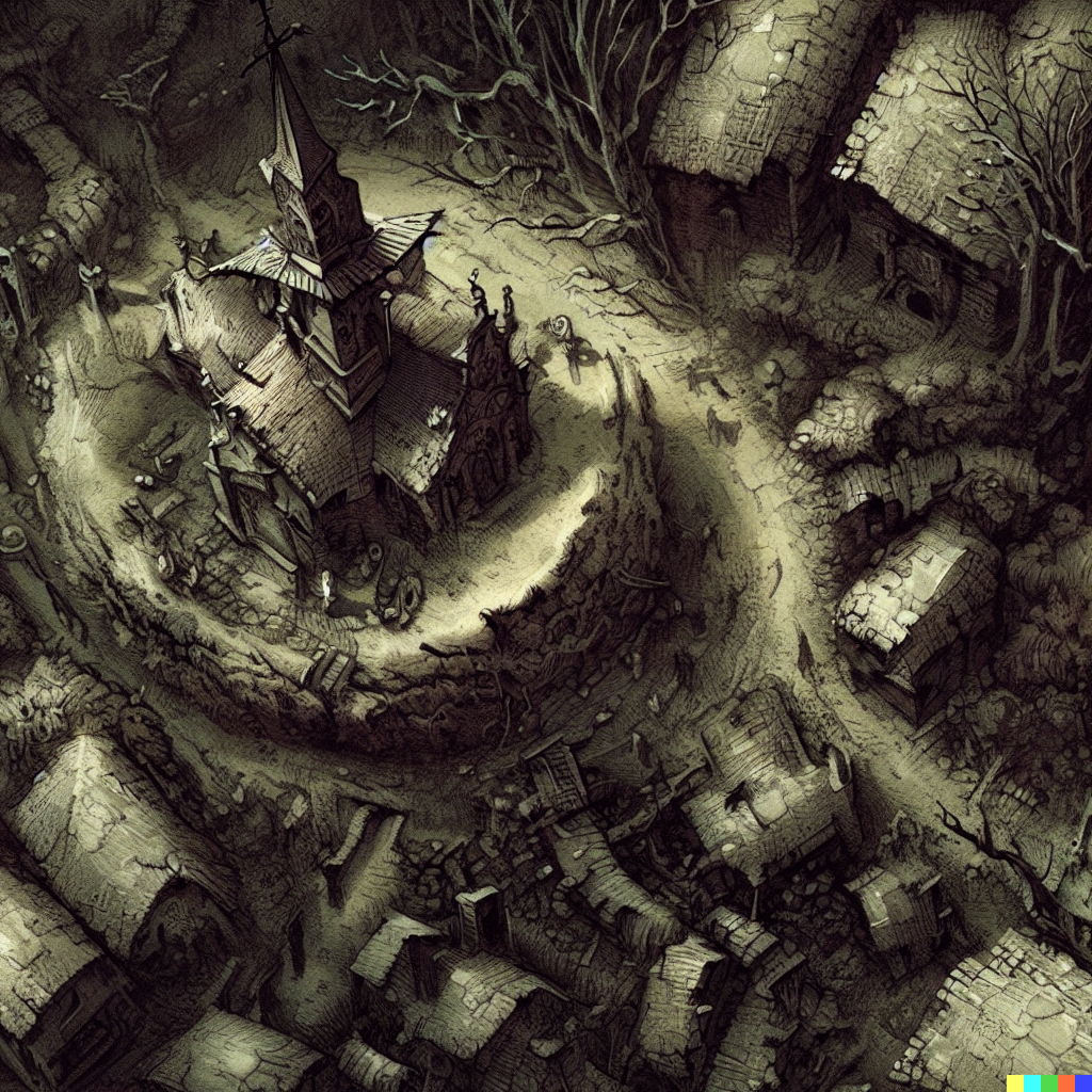 DALL·E 2023-06-26 12.35.45 – a top down dungeons and dragon combat map of a small village with a town church by Zdzisław Beksiński gustave dore
