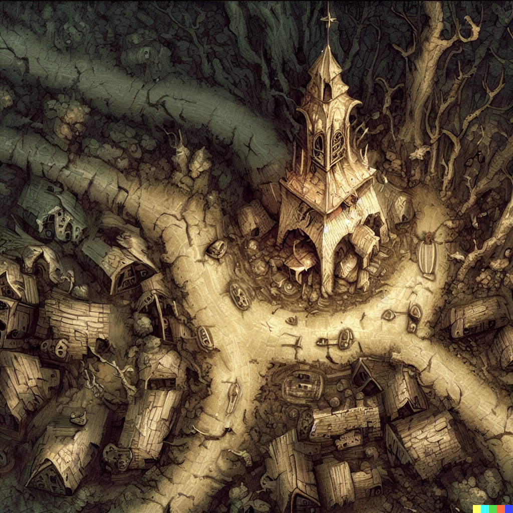 DALL·E 2023-06-26 12.35.50 – a top down dungeons and dragon combat map of a small village with a town church by Zdzisław Beksiński gustave dore