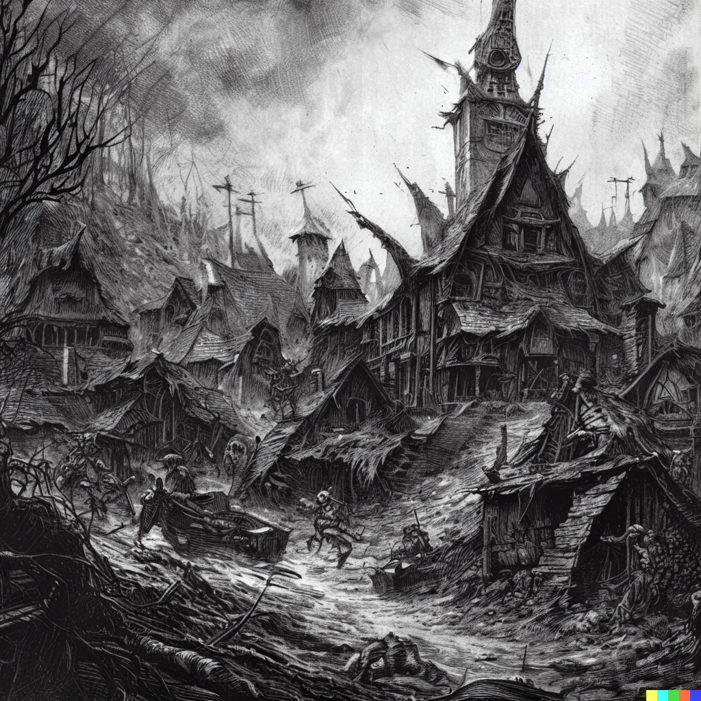 DALL·E 2023-06-26 12.35.58 – a dungeons and dragon combat map of a small village with a town church by Zdzisław Beksiński gustave dore