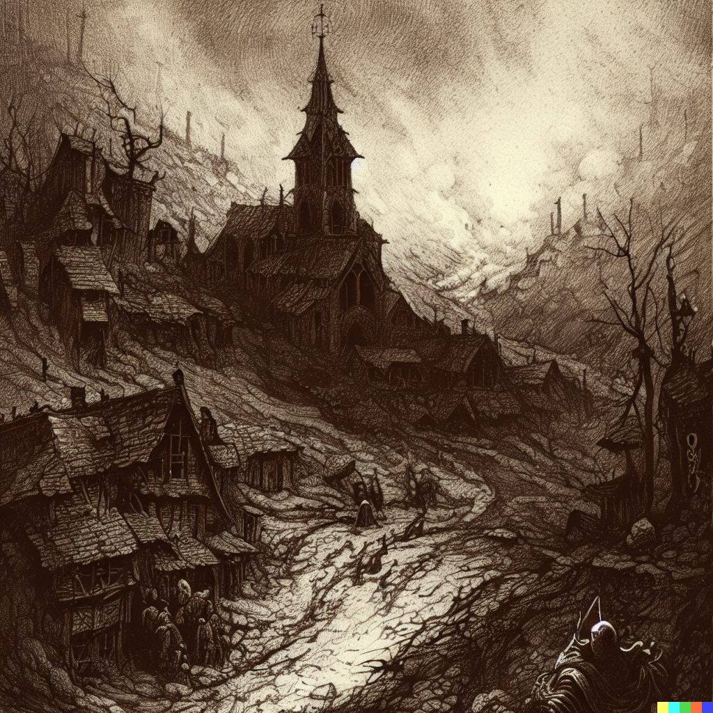 DALL·E 2023-06-26 12.36.01 – a dungeons and dragon combat map of a small village with a town church by Zdzisław Beksiński gustave dore