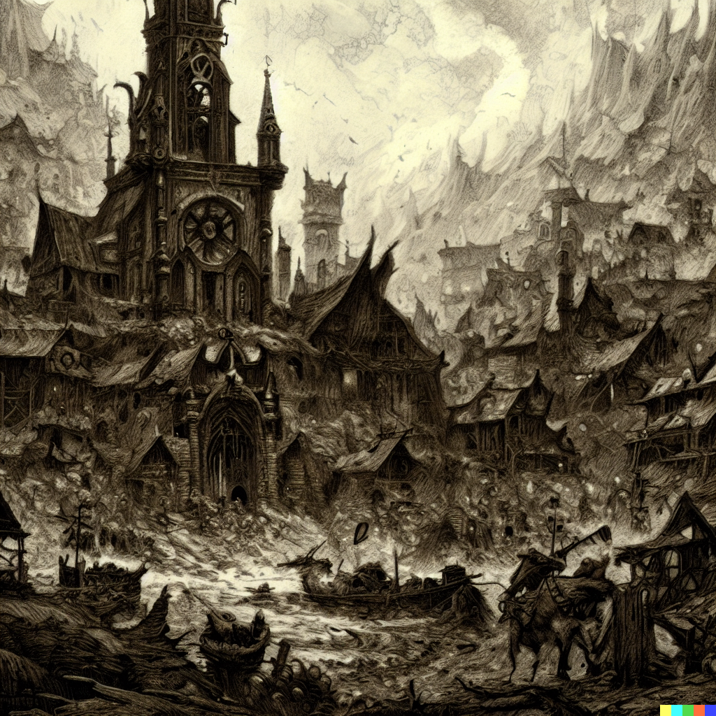 DALL·E 2023-06-26 12.36.05 – a dungeons and dragon combat map of a small village with a town church by Zdzisław Beksiński gustave dore