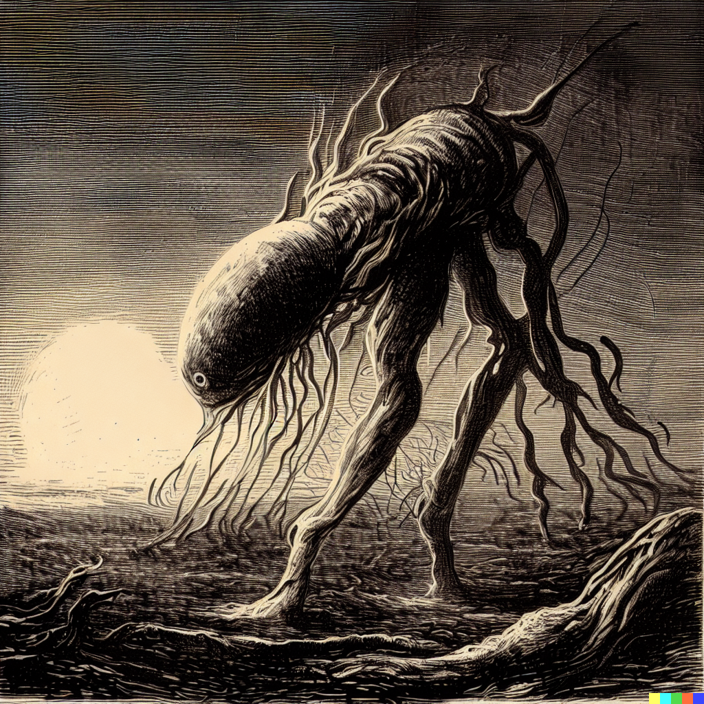 DALL·E 2023-06-26 12.36.24 – scientific illustrative diagram of an alien lifeform evolving by Zdzisław Beksiński gustave dore