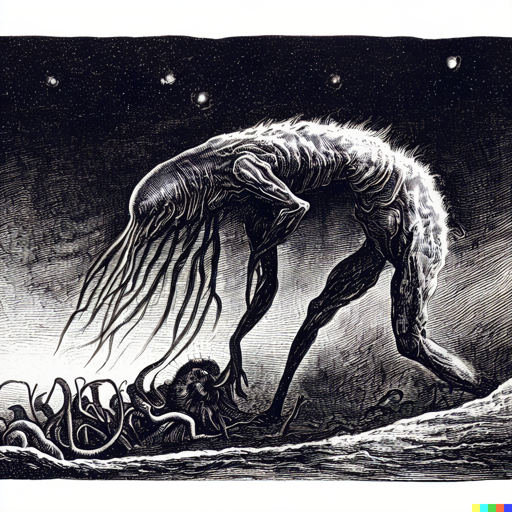 DALL·E 2023-06-26 12.36.26 – scientific illustrative diagram of an alien lifeform evolving by Zdzisław Beksiński gustave dore