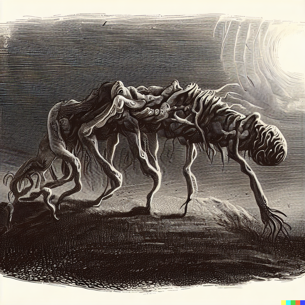 DALL·E 2023-06-26 12.36.29 – scientific illustrative diagram of an alien lifeform evolving by Zdzisław Beksiński gustave dore