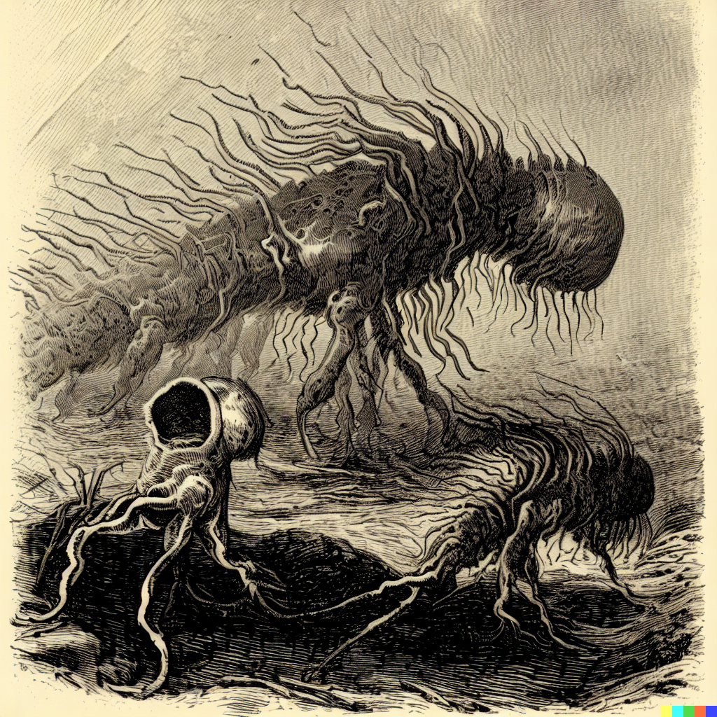 DALL·E 2023-06-26 12.36.32 – scientific illustrative diagram of an alien lifeform evolving by Zdzisław Beksiński gustave dore