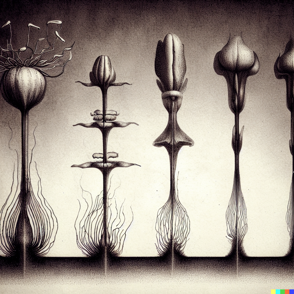 DALL·E 2023-06-26 12.36.40 – a scientific diagram of a flower in different stages of growth by Zdzisław Beksiński gustave dore_.5
