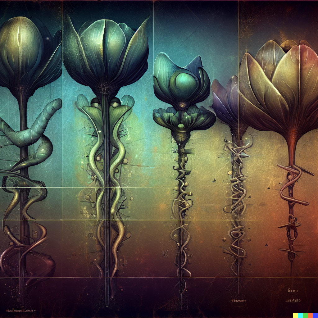 DALL·E 2023-06-26 12.36.56 – a scientific diagram of a flower in different stages of growth by Zdzisław Beksiński