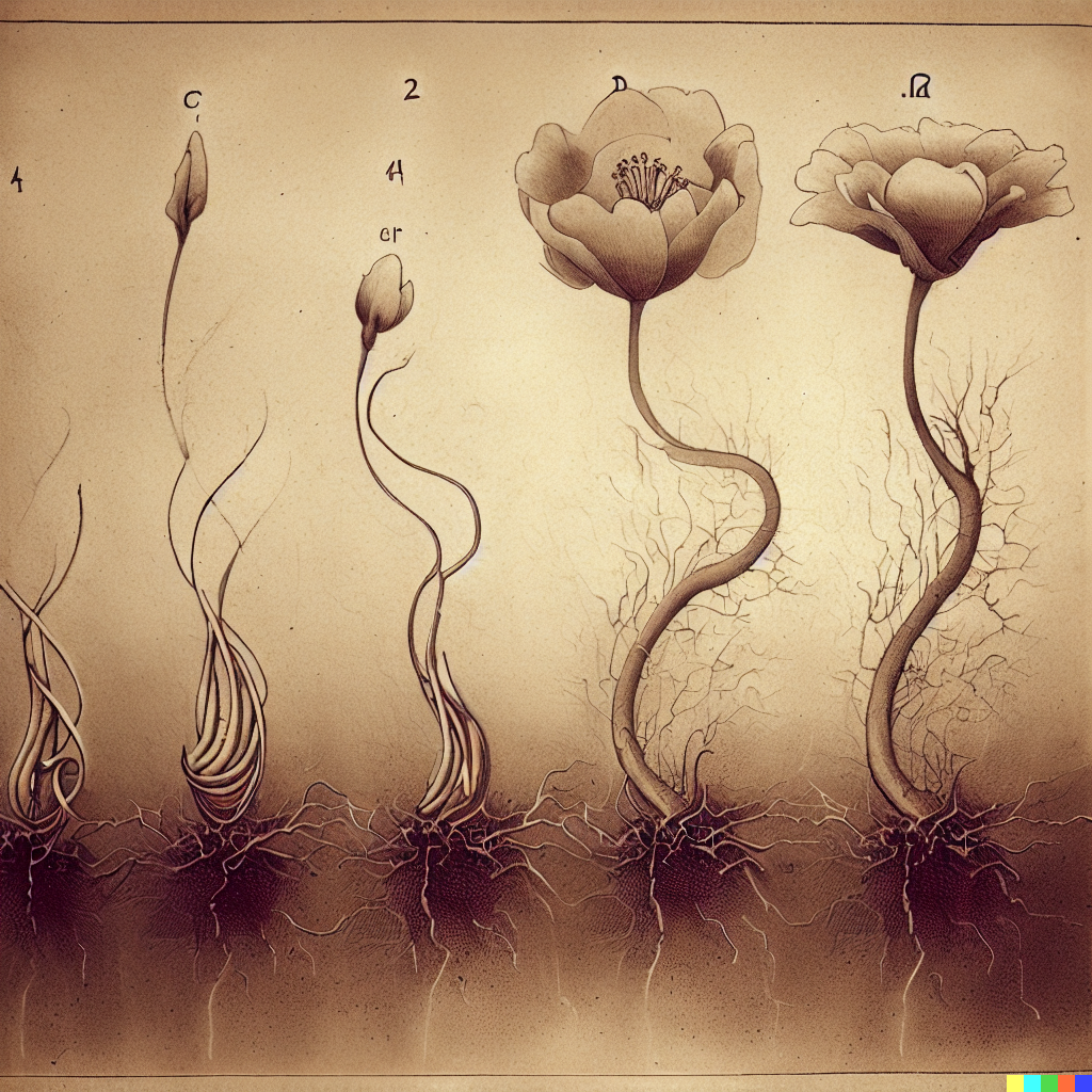 DALL·E 2023-06-26 12.36.59 – a scientific diagram of a flower in different stages of growth by gustave dore Zdzisław Beksiński