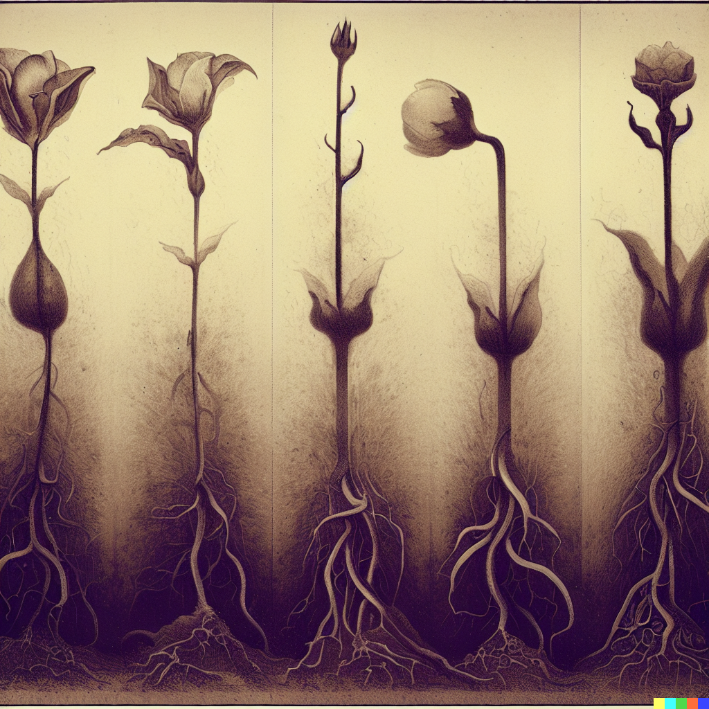 DALL·E 2023-06-26 12.37.03 – a scientific diagram of a flower in different stages of growth by gustave dore Zdzisław Beksiński