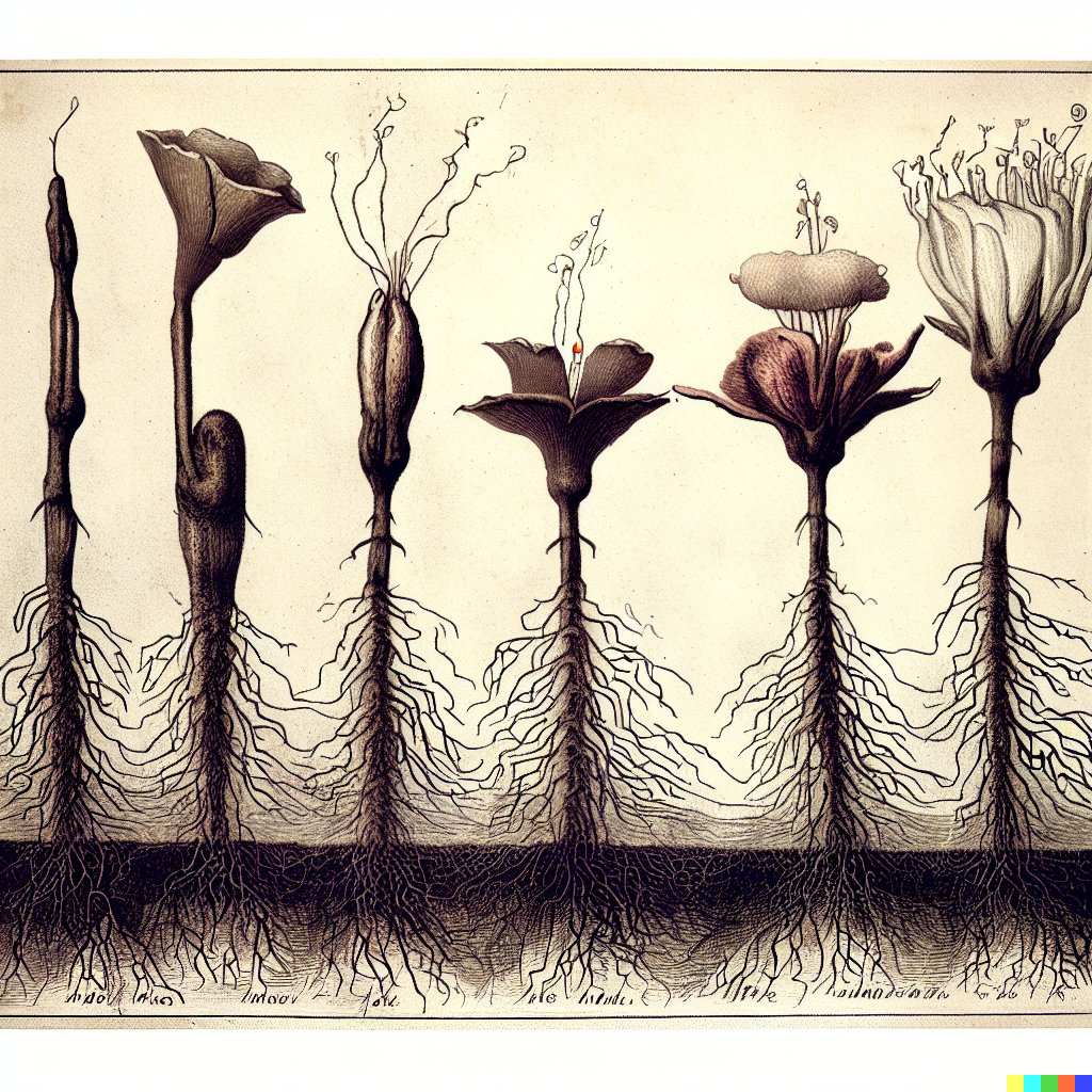 DALL·E 2023-06-26 12.37.06 – a scientific diagram of a flower in different stages of growth by gustave dore Zdzisław Beksiński