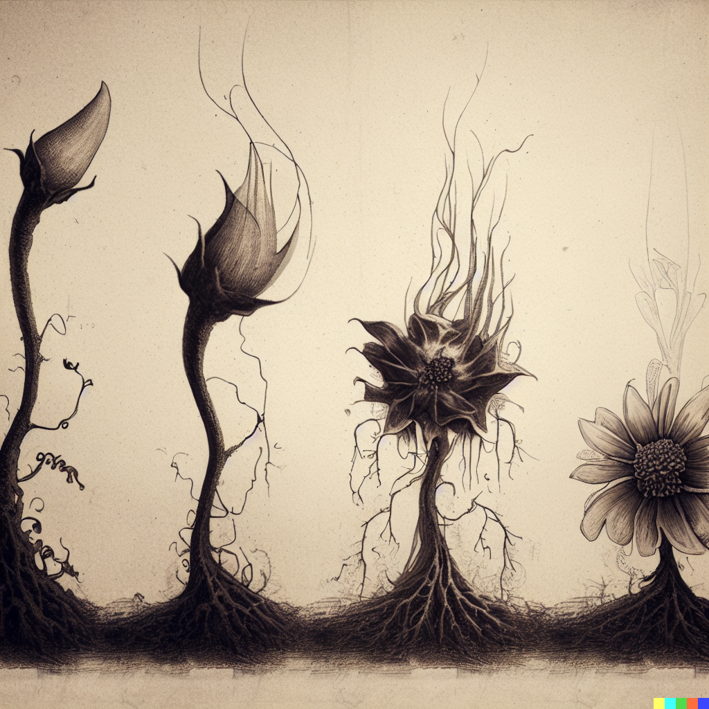 DALL·E 2023-06-26 12.37.09 – a scientific diagram of a flower in different stages of growth by gustave dore Zdzisław Beksiński
