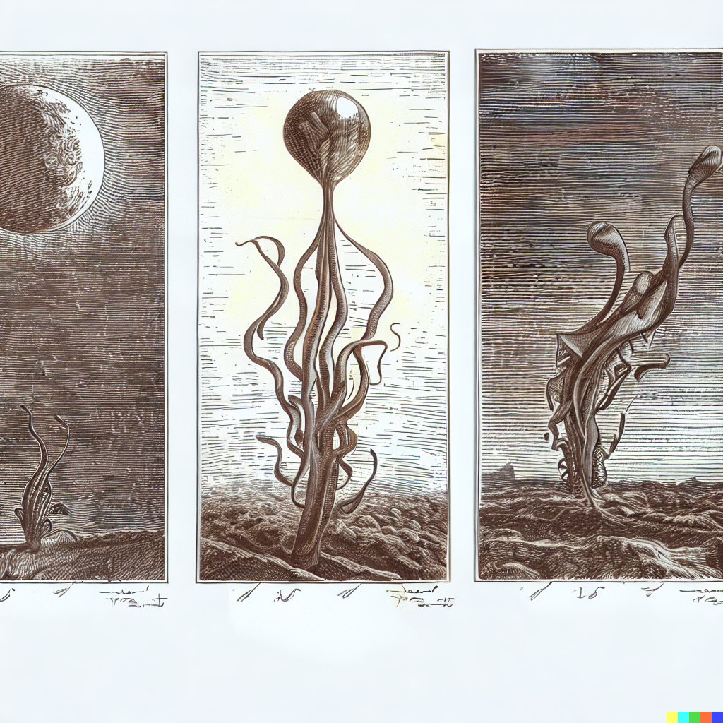 DALL·E 2023-06-26 12.37.14 – a scientific diagram of a single alien plan growing from different views scientific diagrams of a single alien flower by gustave dore Zdzisław Beksińs