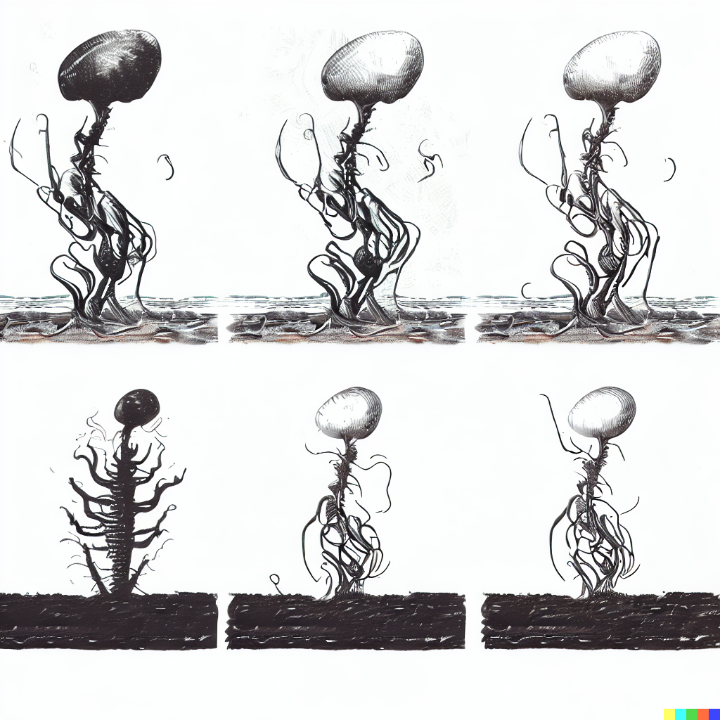 DALL·E 2023-06-26 12.37.18 – a scientific diagram of a single alien plan growing from different views scientific diagrams of a single alien flower by gustave dore Zdzisław Beksińs