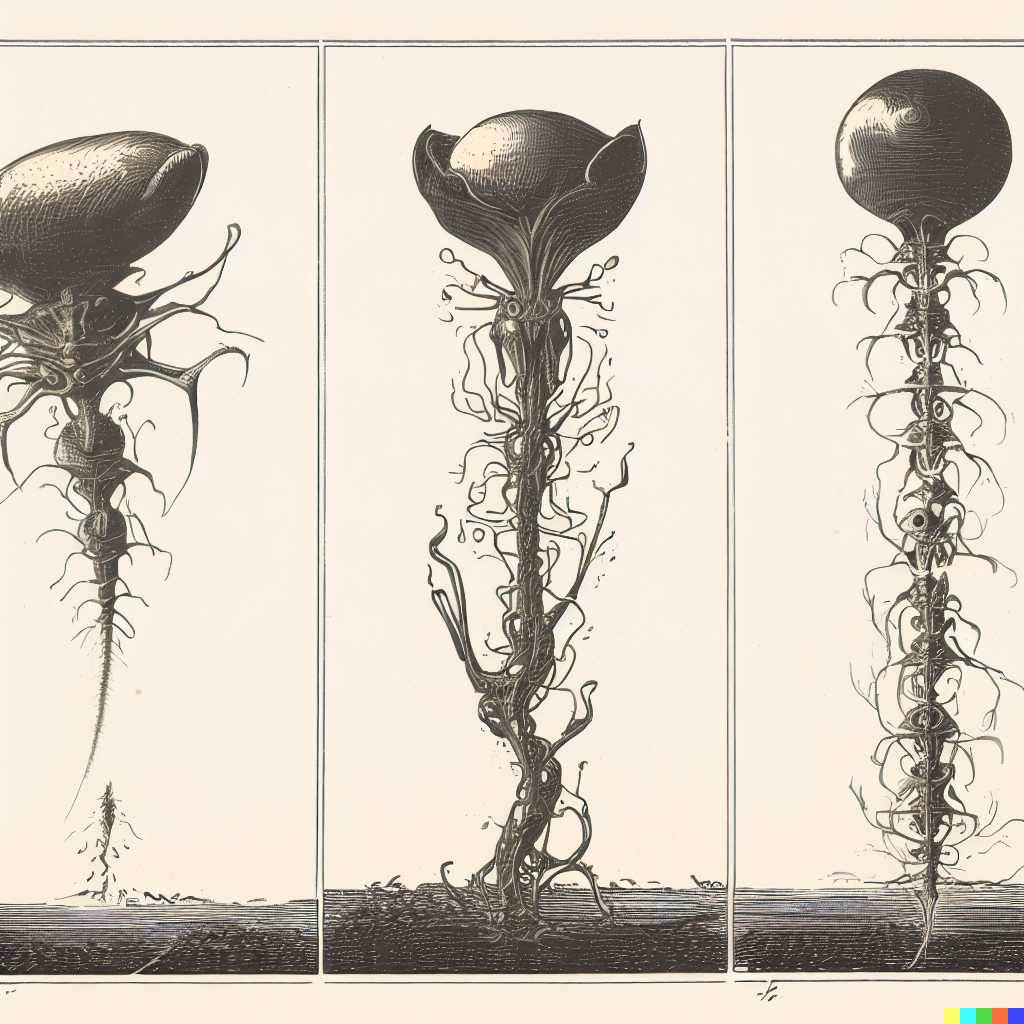 DALL·E 2023-06-26 12.37.20 – a scientific diagram of a single alien plan growing from different views scientific diagrams of a single alien flower by gustave dore Zdzisław Beksińs