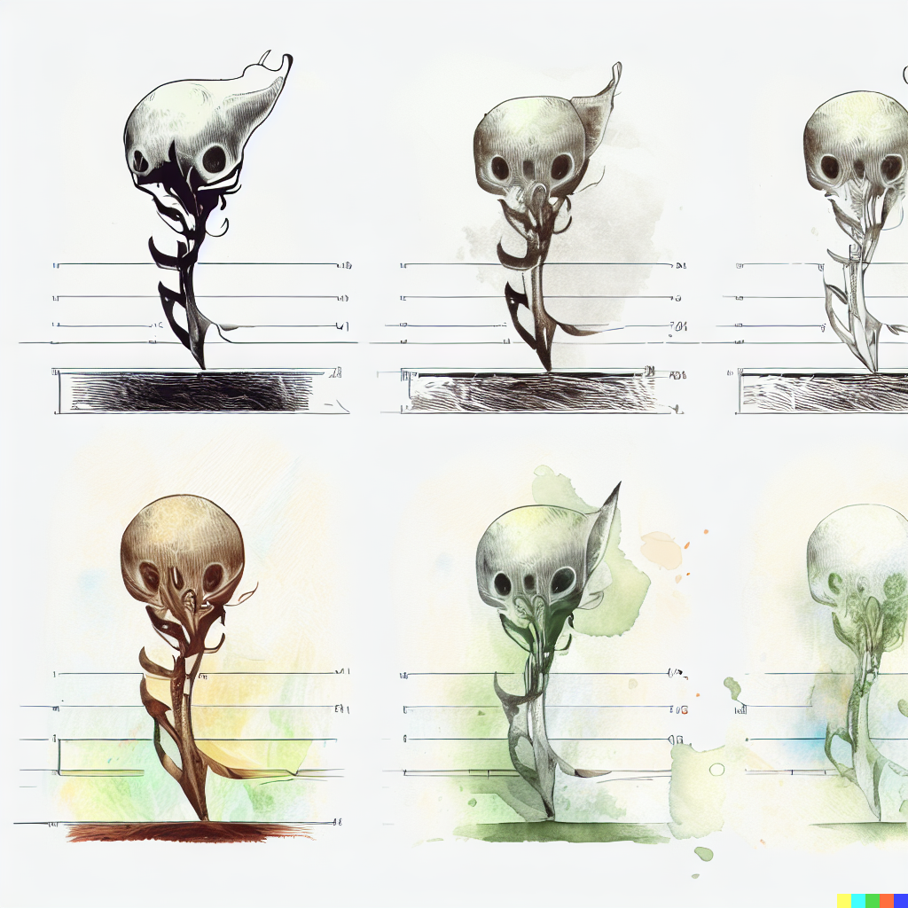 DALL·E 2023-06-26 12.37.25 – a scientific diagram of a single alien plan growing from different views scientific diagrams of a single alien flower by gustave dore Zdzisław Beksińs