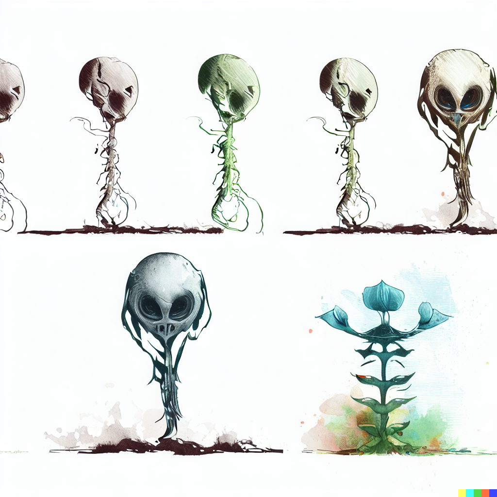 DALL·E 2023-06-26 12.37.27 – a scientific diagram of a single alien plan growing from different views scientific diagrams of a single alien flower by gustave dore Zdzisław Beksińs