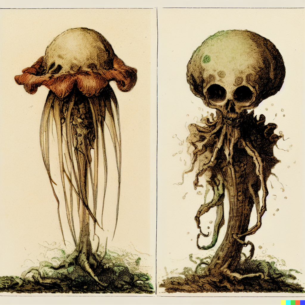 DALL·E 2023-06-26 12.37.37 – scientific diagrams of a single alien flower by gustave dore Zdzisław Beksiński botanic illustrations that vaguely look like skulls with some waterco
