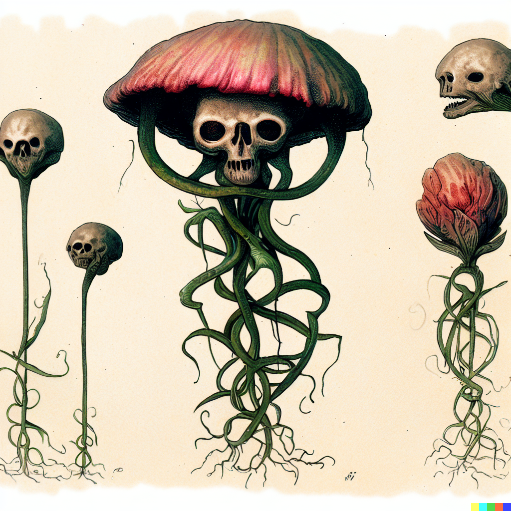 DALL·E 2023-06-26 12.37.41 – scientific diagrams of a single alien flower by gustave dore Zdzisław Beksiński botanic illustrations that vaguely look like skulls with some waterco