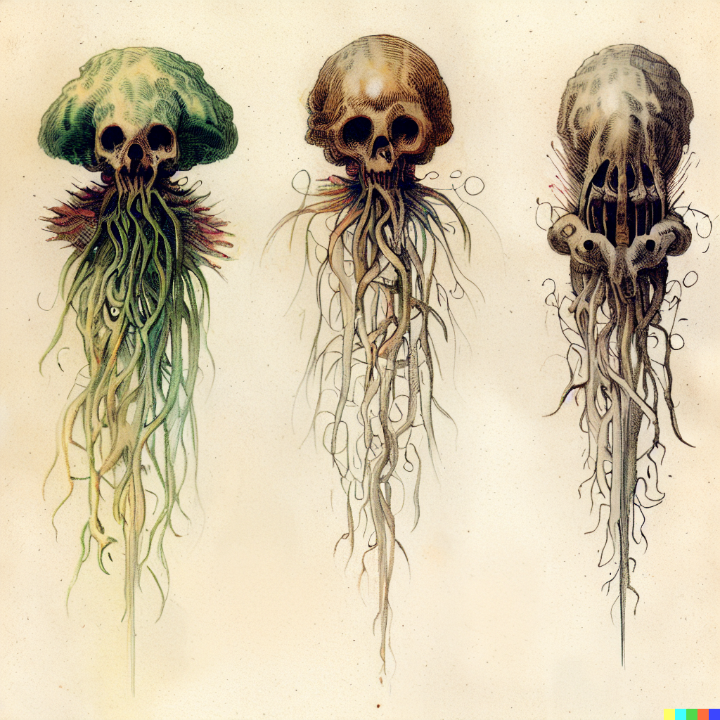 DALL·E 2023-06-26 12.37.43 – scientific diagrams of a single alien flower by gustave dore Zdzisław Beksiński botanic illustrations that vaguely look like skulls with some waterco