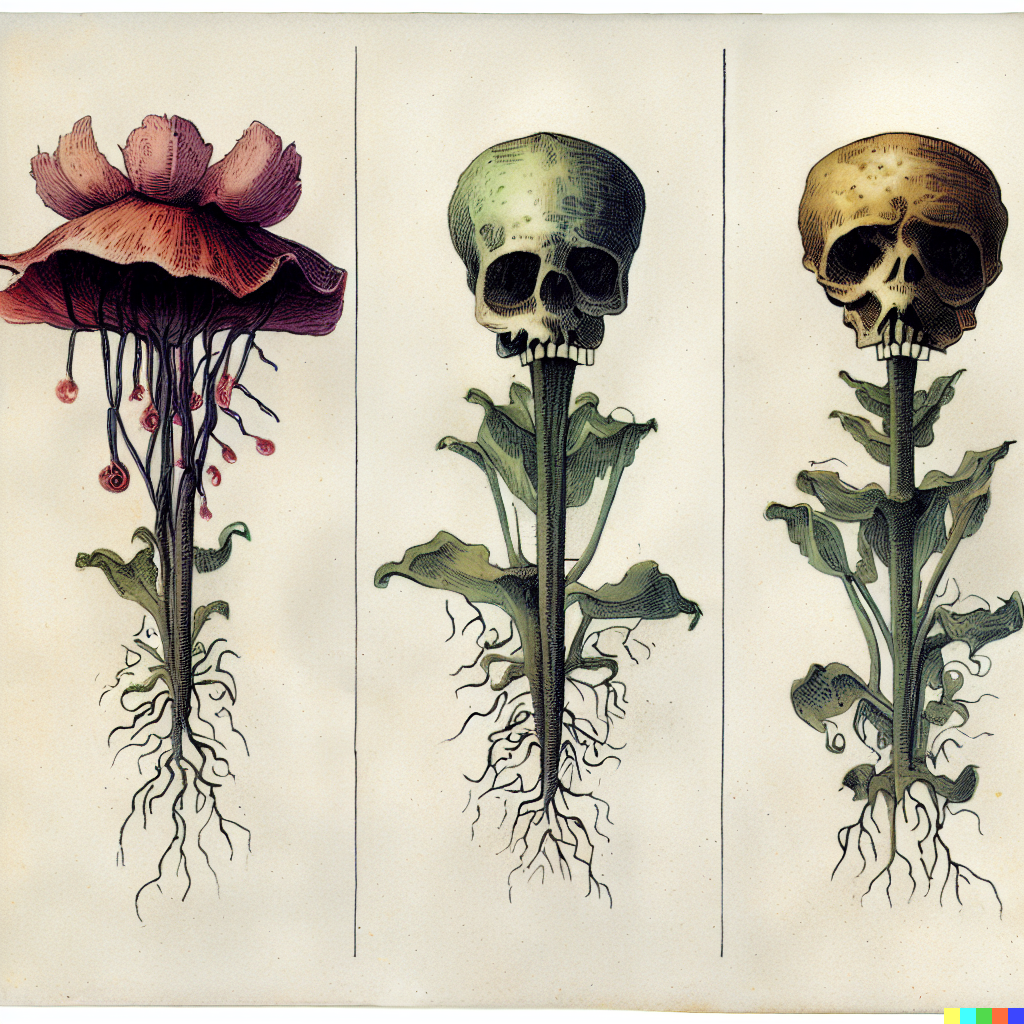 DALL·E 2023-06-26 12.37.47 – scientific diagrams of a single alien flower by gustave dore Zdzisław Beksiński botanic illustrations that vaguely look like skulls with some waterco