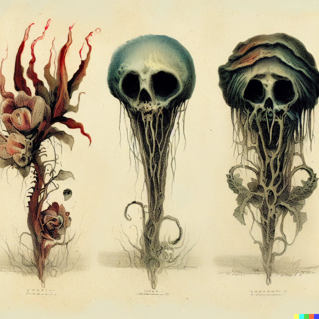 DALL·E 2023-06-26 12.37.49 – scientific diagrams of alien flowers by gustave dore Zdzisław Beksiński botanic illustrations that vaguely look like skulls with some watercolor