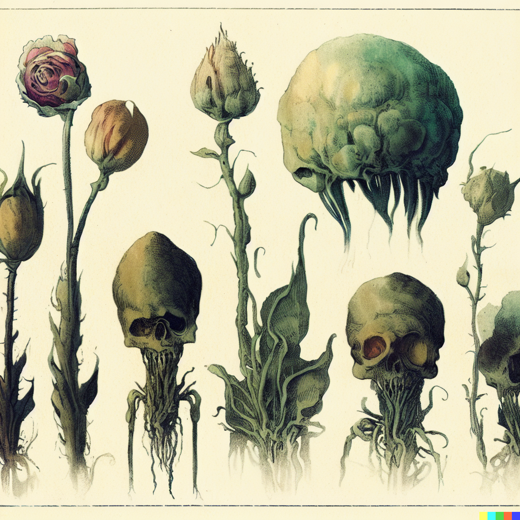 DALL·E 2023-06-26 12.37.53 – scientific diagrams of alien flowers by gustave dore Zdzisław Beksiński botanic illustrations that vaguely look like skulls with some watercolor