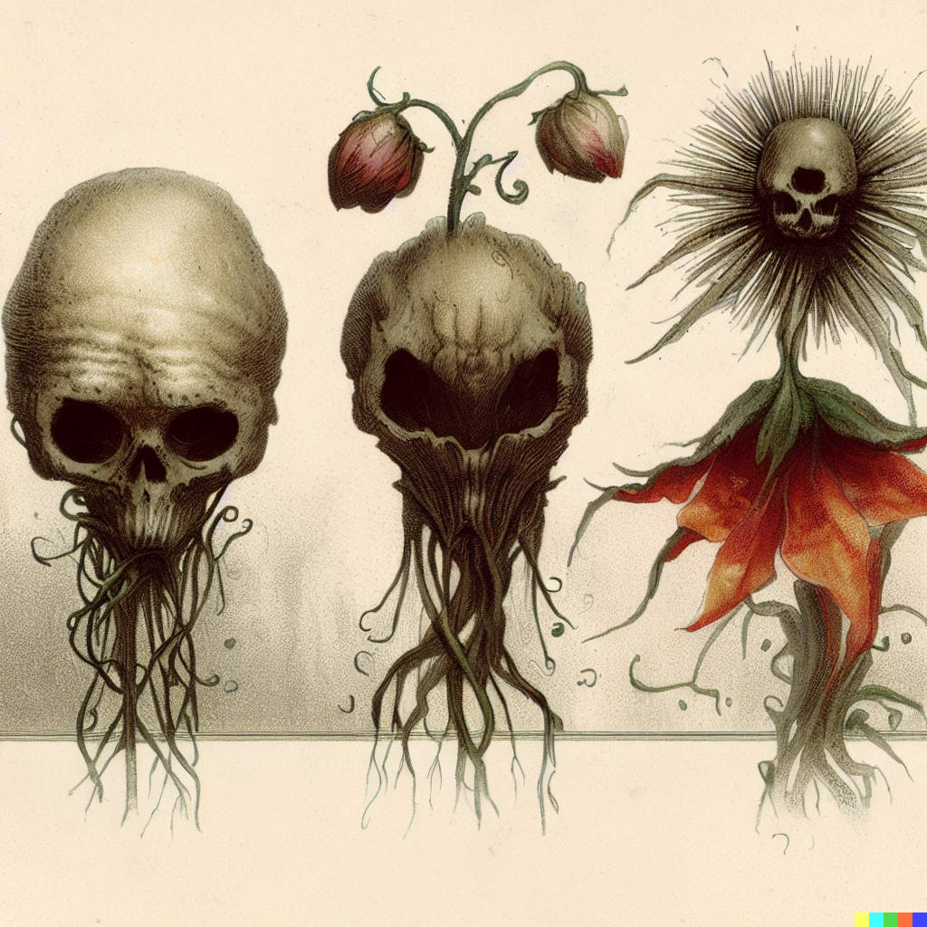 DALL·E 2023-06-26 12.37.56 – scientific diagrams of alien flowers by gustave dore Zdzisław Beksiński botanic illustrations that vaguely look like skulls with some watercolor