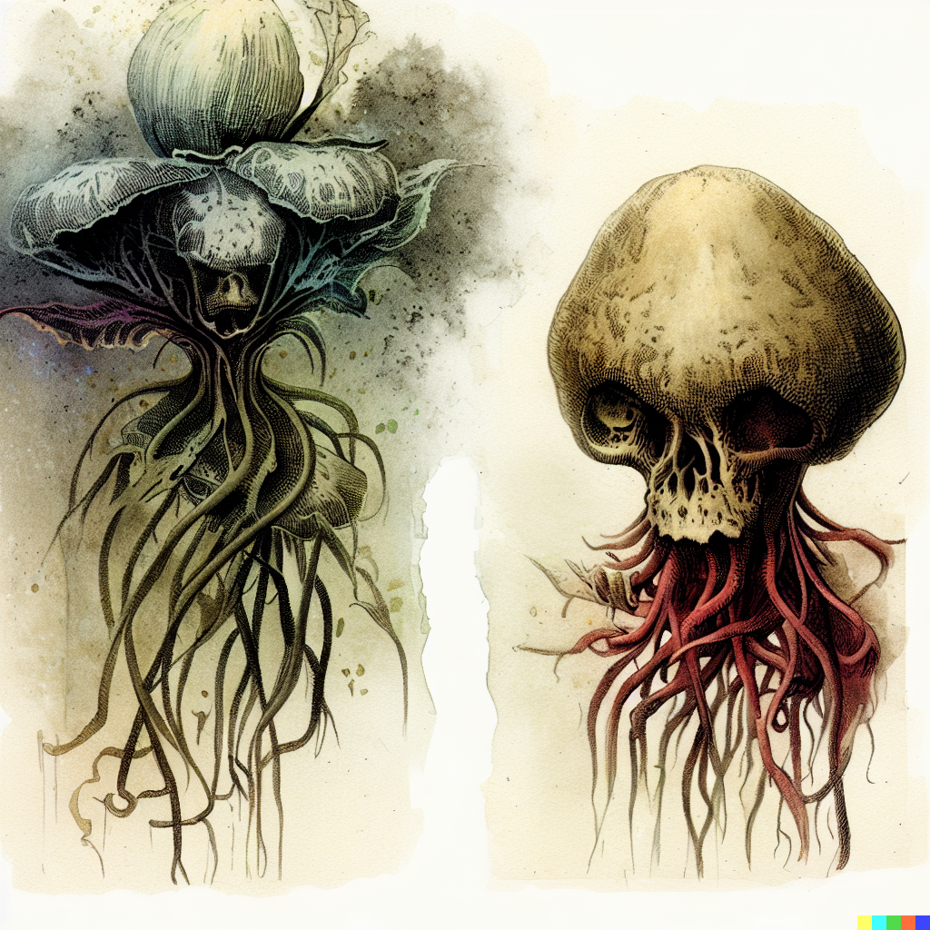 DALL·E 2023-06-26 12.37.58 – scientific diagrams of alien flowers by gustave dore Zdzisław Beksiński botanic illustrations that vaguely look like skulls with some watercolor