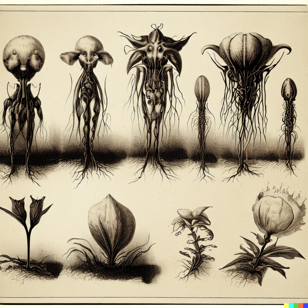 DALL·E 2023-06-26 12.38.03 – scientific diagrams of alien flowers by gustave dore Zdzisław Beksiński botanic illustrations