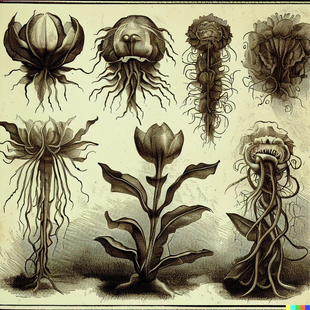DALL·E 2023-06-26 12.38.06 – scientific diagrams of alien flowers by gustave dore Zdzisław Beksiński botanic illustrations