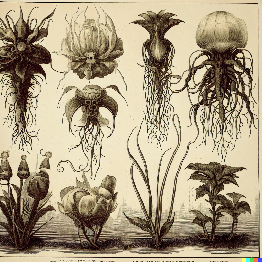 DALL·E 2023-06-26 12.38.08 – scientific diagrams of alien flowers by gustave dore Zdzisław Beksiński botanic illustrations
