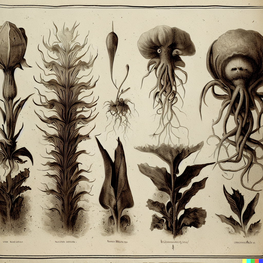DALL·E 2023-06-26 12.38.11 – scientific diagrams of alien flowers by gustave dore Zdzisław Beksiński botanic illustrations
