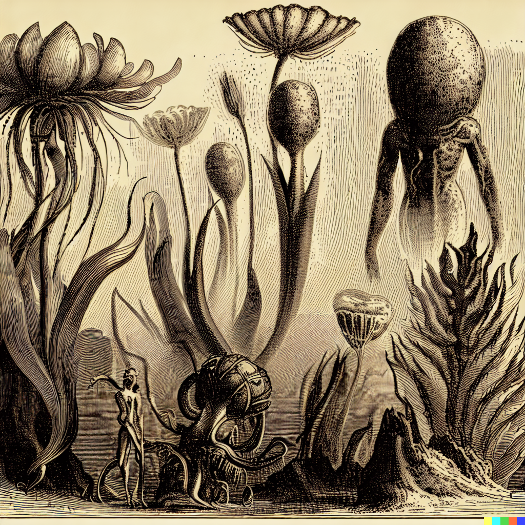DALL·E 2023-06-26 12.38.17 – scientific illustrations and diagrams of beautiful alien flowers botany by gustave dore Zdzisław Beksiński