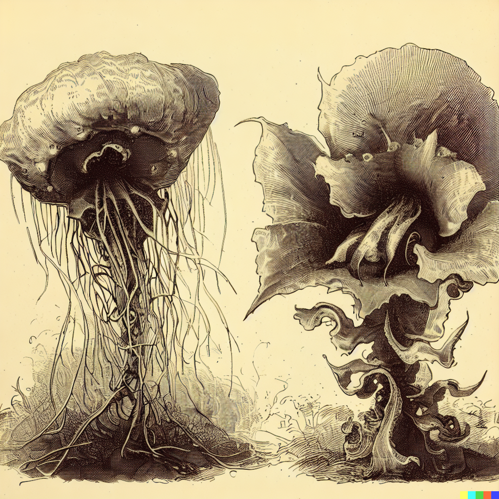 DALL·E 2023-06-26 12.38.20 – scientific illustrations and diagrams of beautiful alien flowers botany by gustave dore Zdzisław Beksiński